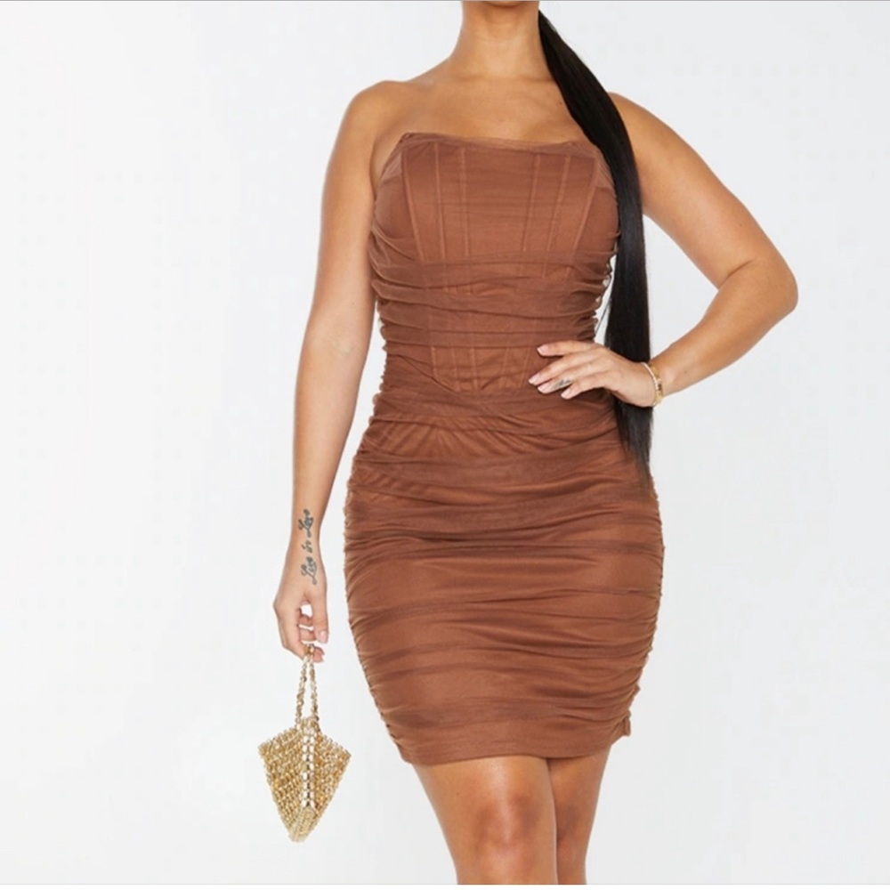 NWTPretty Little Thing brown mesh ruched dress